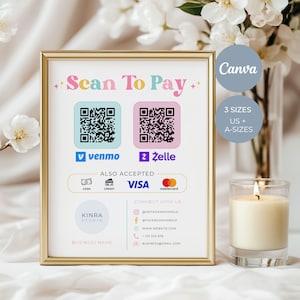 Pode incluir: Uma placa com moldura dourada com o texto Scan To Pay, apresentando códigos QR para Venmo e Zelle, ícones para dinheiro, crédito, Visa e Mastercard, e detalhes de contato para Kinra Studio, incluindo redes sociais, site, telefone e e-mail.
