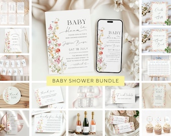 May include: A baby shower bundle with floral designs. The bundle includes invitations, thank you cards, food labels, water bottle labels, cupcake toppers, and more. The invitations feature a watercolor floral design with the text "Baby Bloom in" and the date "Sat 18 July".