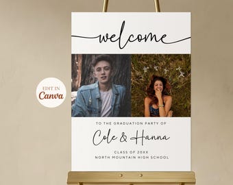 Twins Graduation Welcome Sign with Photo, Editable Canva Template, Digital Printable Download