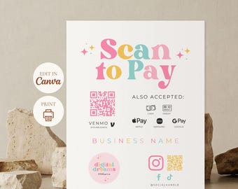 Letrero Rainbow Scan to Pay, código QR, plantilla editable de Canva, descarga digital imprimible