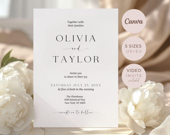 Conjunto de invitaciones de boda minimalistas, paquete de confirmación de asistencia con código QR, plantilla editable de Canva, descarga digital imprimible.