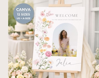 Floral Graduation Welcome Sign with Photo, Editable Canva Template, Digital Printable Download
