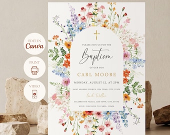 May include: Baptism invitation with floral border. The invitation features the text "Please join us for the Baptism of our son Carl Moore" with the date and time. The design includes a cross and is surrounded by colorful flowers.