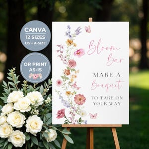 Floral Bloom Bar Sign, Bridal, Baby Shower Decor, Editable Canva Template, Digital Printable Download