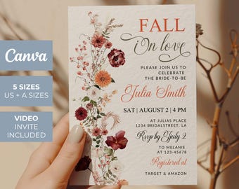 Fall In Love Bridal Shower Invitation, Autumn Canva Template, Printable Invite