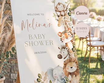Safari Baby Shower Welcome Sign, Little Wild One Editable Canva Template