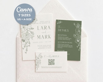 Può includere: Un set di partecipazioni di nozze con una carta bianca con disegni floreali, una carta dei dettagli verde salvia e una carta di risposta con QR code, in una busta color crema testurizzata. Un badge blu riporta il testo Canva 7 SIZES US + A-SIZE.