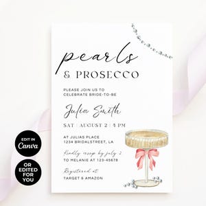 Invito per la festa nuziale Pearls & Prosecco, modello Canva modificabile