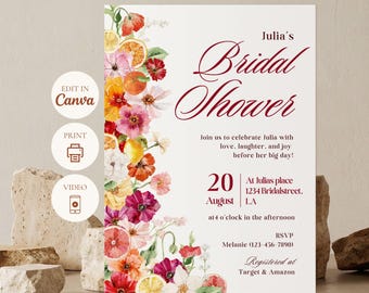 Citrus Bridal Shower Brunch Invitation, Editable Canva Template