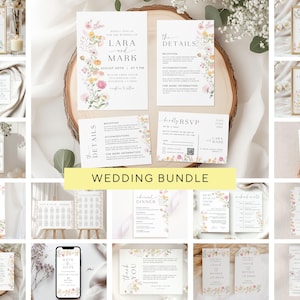 May include: A wedding invitation bundle with floral designs in shades of pink, yellow, and green. The bundle includes save the date cards, RSVP cards, wedding details cards, and table number cards. The text on the cards includes the names "Lara and Mark" and "Olivia and Taylor".