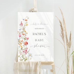 Baby in Bloom Willkommensschild, Wildblumen-Babypartyschild, anpassbare Vorlage