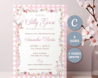 Silly Goose Girl Baby Shower Invitation, Coquette Pink Bow Editable Canva Template
