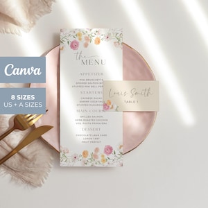 Hochzeitsmenü mit Wildblumen, florales Menü, bearbeitbare Canva-Vorlage, digitaler Download zum Ausdrucken