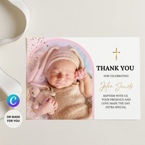 Tarjeta de agradecimiento de bautismo rosa y dorado, gracias de bautismo de niña, agradecimiento de bautizo editable, tarjeta de bautismo imprimible