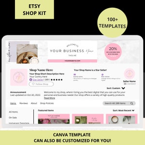 May include: A pink and white Etsy shop banner with the text "Welcome to Your Business Name" and "Your Website.com". The banner is on a marble background. Below the banner is a pink and white shop announcement with the text "Shop Name Here", "Your Shop Short Description Here", "Your Country Here", "Star Seller | 199|★★★★★", "Follow Shop", "Announcement", "Last updated on Oct 30, 2023", "Welcome to my shop, where I bring you the best digital that you can use for your personal and business needs! Our shop offers a variety of high-quality products Read More", "Items", "Reviews", "About", "Shop Policies", "All Items", "On Sale", "Instagram Template", "Featured Items", "TITLE HERE", "Search All 199 Items", "Sort: Most Recent", and "Sort: Custom". The banner is on a white background.