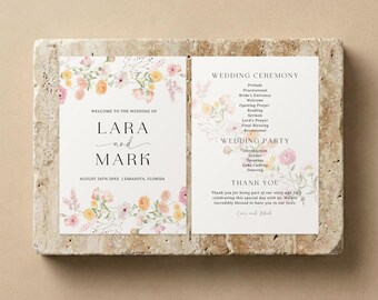 Wildflower Wedding Program, Editable Canva Ceremony Template
