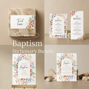 May include: A Baptism Stationary Bundle featuring floral designs. The bundle includes food labels, menu cards, and welcome signs. The text includes "Food Label", "The Menu", "Baptism", and "16 Templates". The color palette includes white, beige, and a variety of floral colors.