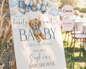 Bearly Wait Teddy Bear Baby Shower Welcome Sign, Editable Canva Template, Digital Printable Download