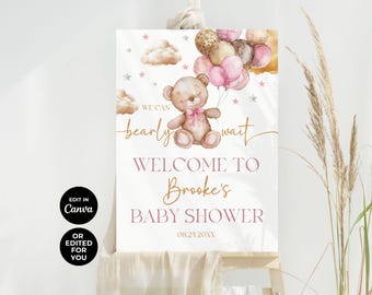 Bearbeitbares Braunbär-Ballon-Babyparty-Willkommensschild, Wir können Bärenbabyparty-Plakat warten, rosa Bärnmädchen-Babypartydekor