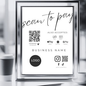Scan to Pay Sign Vorlage Canva QR-Code druckbare Zahlungs Zeichen, Akzeptierte Zahlungen Zeichen, CashApp Paypal Venmo Zeichen, druckbare Zeichen