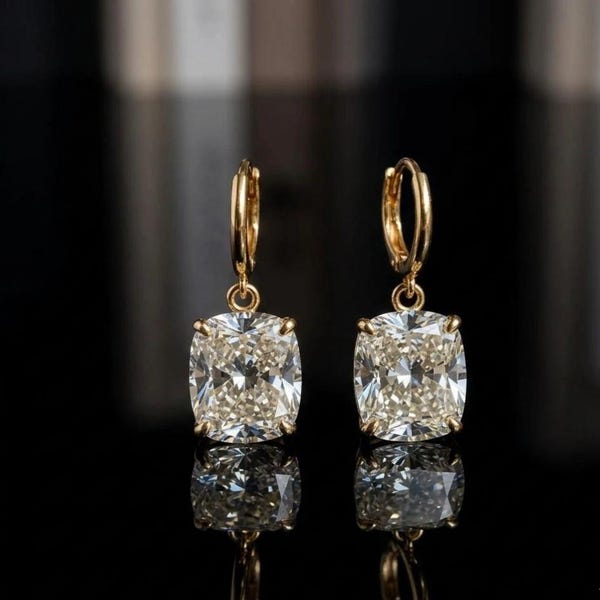 Cushion Cut Moissanite Drop Earrings, 14K Yellow Gold Hoop Earrings, Dangle Bridal Jewelry, Minimalist Luxury Gift for Her