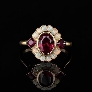 Vintage Ruby Opal Women Ring, Art Deco Engagement Ring, Oval Ruby Statement Ring, Antique Inspired Promise Ring, Opal Cluster Women Ring