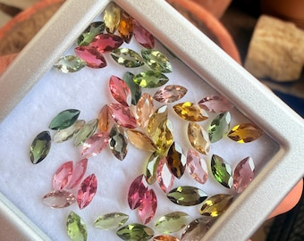 Rainbow Tourmaline Marquise Faceted Gemstone Parcel, Natural Pink Green Yellow Navette Cut Loose Stones for Jewelry, October Birthstone