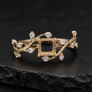 Nature Inspired Square Semi Mount Ring, Floral Vine Engagement Ring Setting, Gold Leaf Moissanite Ring, Custom Solitaire Setting Gift Ring