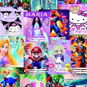May include: A collage of colorful school supplies featuring various characters. Includes images of superheroes, anime characters, and pop culture icons. Each item has space for subject, day, and teacher information.