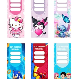 Puede incluir: Conjunto de seis marcapáginas coloridos con personajes de dibujos animados como Hello Kitty, Stitch y Sonic. Cada marcapáginas tiene una sección para el nombre del propietario y el texto "ESTE CUADERNO PERTENECE A:."