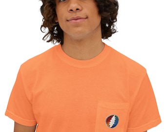 Grateful Dead / Diseño personalizado de rayo de 13 puntas / Logotipo de bolsillo / Camiseta unisex con bolsillo teñido