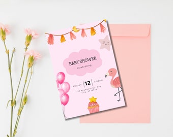 May include: Pink baby shower invitation with a flamingo, balloons, stars, and a cupcake. The text reads "Baby Shower celebrating Friday 12 3:00pm 123 Anywhere St. Any City, ST 12345"