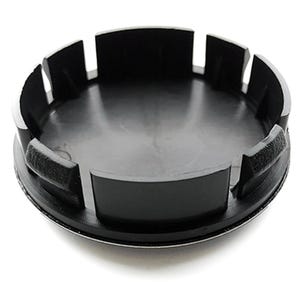 May include: A black plastic hub cap center with a circular design. The cap has a series of rectangular cutouts around the edge, and a smooth, reflective interior surface. The outer edge has a thin, silver-colored trim.