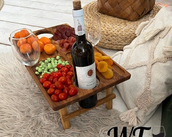 Wooden wine and cheese table | Portable picnic table with bottle holder | Wine table for outdoor | 30th birthday gift for him