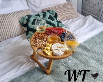 Wooden Wine and Cheese Table | Bed tray with folding legs | Portable Picnic Table | Serving Tray | Rustic Kitchen Decor | Gift for Wife