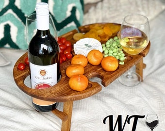 Wine Wooden Portable Picnic Table | Custom Wine Table | Wooden Serving Tray | Folding Picnic Table With Wine Holder | Outdoor Entertaining