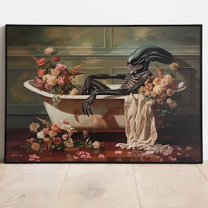 May include: A black alien creature relaxes in a white bathtub surrounded by pink, white, and yellow flowers. The bathtub is on a wooden floor with a green wall in the background.