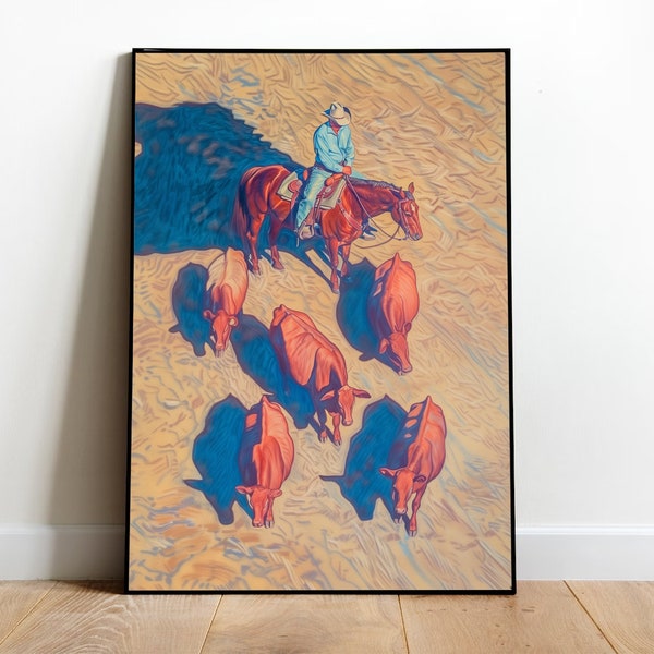 The Guide - Downloadable Print, Western Wall Art, Herding Horseback Printable Poster, Ranch Decor Ideas, Pencil Southwestern Style