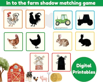 May include: A printable farm shadow matching game for kids. The game features images of a rooster, chicken, rabbit, tractor, and windmill. The images are in color and black and white. The game is perfect for helping kids learn about farm animals and objects.