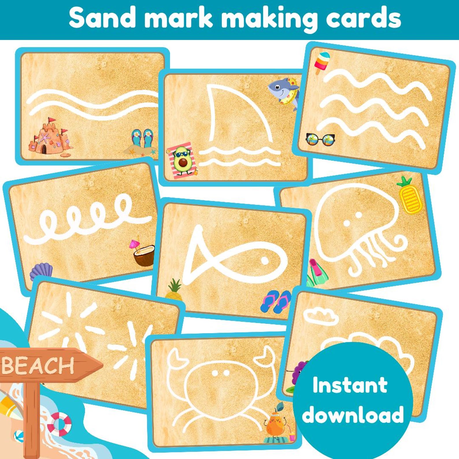 Pre Writing Sand Beach Mark Making Cards | a Set of 20 Flashcards Plus Cover ...