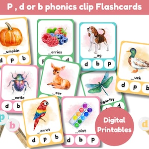Diferença entre flashcards de clipe de fonética b, d e p | um conjunto de 16 cartões mais capa | fonética | fonética complicada | imprimíveis digitais