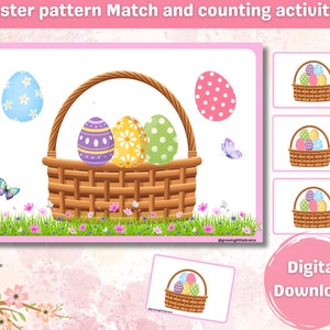 Może przedstawiać: Arkusz ćwiczeń z dopasowywaniem i liczeniem o tematyce wielkanocnej. Arkusz zawiera koszyk wypełniony trzema kolorowymi jajkami oraz cztery oddzielne koszyki z różnymi kombinacjami jajek. Arkusz został zaprojektowany, aby dzieci mogły dopasować jajka w koszykach.