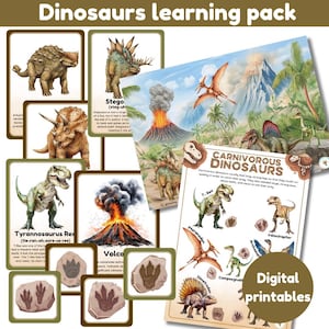 May include: A set of digital dinosaur-themed printables. The image shows flashcards with dinosaur illustrations and facts, a volcano illustration, and a colorful scene with various dinosaurs. The text "Dinosaurs learning pack" is at the top.