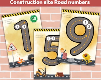 May include: Educational posters featuring construction site road numbers. Each poster displays a number from one to nine, designed as a road with dotted lines for tracing. Includes construction-themed illustrations and the text "Construction site Road numbers".