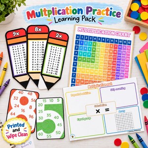 May include: A multiplication practice learning pack featuring pencil-shaped cards with multiplication tables for 9x, 8x, and 2x, a colourful multiplication chart, a blank multiplication mat, and number cards, all displayed with various coloured crayons.
