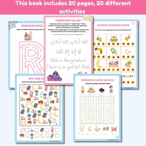 Op de afbeelding: Een set met printbare activiteitenbladen voor kinderen met Ramadan- en Eid-thema's. De bladen bevatten een doolhof, een woordzoeker, een fonetiekactiviteit en een 'zoek en tel'-spel. De bladen zijn kleurrijk en bevatten illustraties van moskee&euml;n, lantaarns en halve manen.
