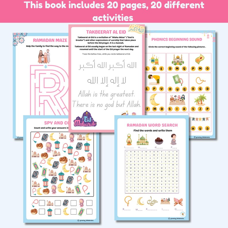Op de afbeelding: Een set met printbare activiteitenbladen voor kinderen met Ramadan- en Eid-thema's. De bladen bevatten een doolhof, een woordzoeker, een fonetiekactiviteit en een 'zoek en tel'-spel. De bladen zijn kleurrijk en bevatten illustraties van moskee&euml;n, lantaarns en halve manen.