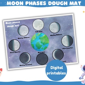 May include: A printable moon phases dough mat with illustrations of the moon in its different phases. The mat features a purple background with white stars and the text "Moon phases dough mat".
