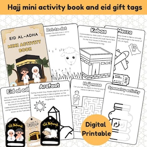 May include: A set of digital printable Hajj-themed activity pages and gift tags. Includes a mini activity book, dot-to-dot, maze, and symmetry activities. Features illustrations of the Kaaba, Mecca, and Eid Mubarak gift tags.