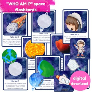 Weltraum "WHO BIN ICH?" Karteikarten | Sonnensystem | Montessori | Leerzeichen | 15 Lernkarten | Digitale Ausdrucke